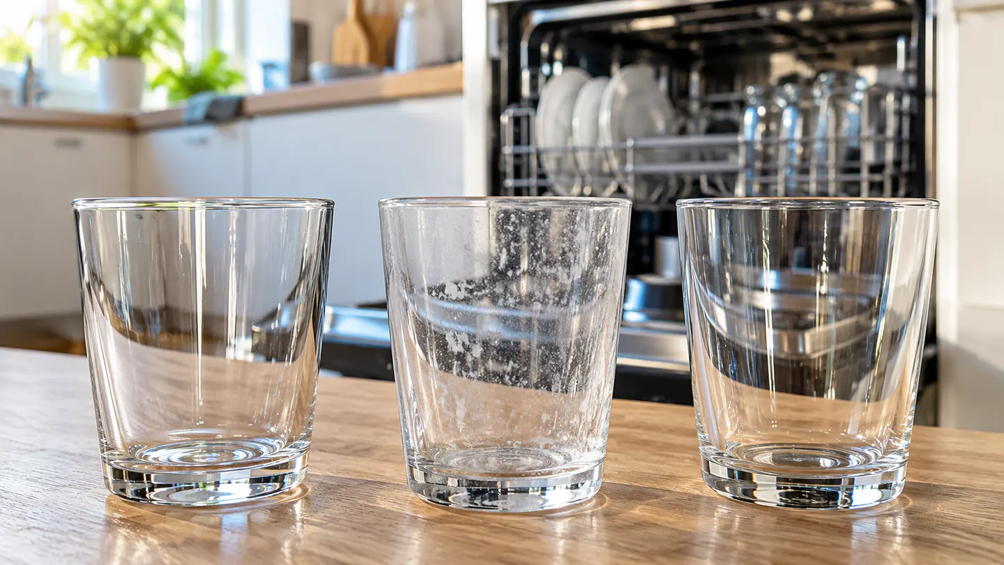 Milchiges Glas mit weißem Belag neben zwei klaren Gläsern