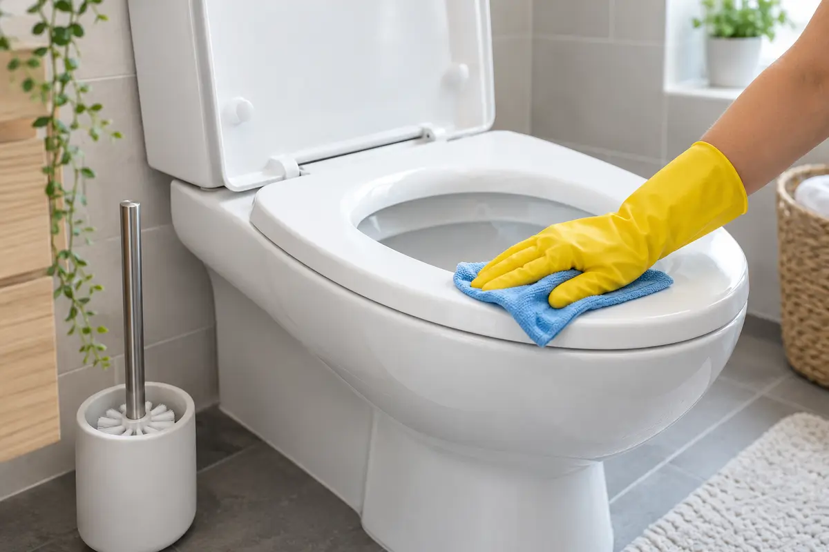 Toilette reinigen: Eine Hand mit gelbem Haushaltshandschuh wischt den WC-Sitz mit blauem Mikrofasertuch ab
