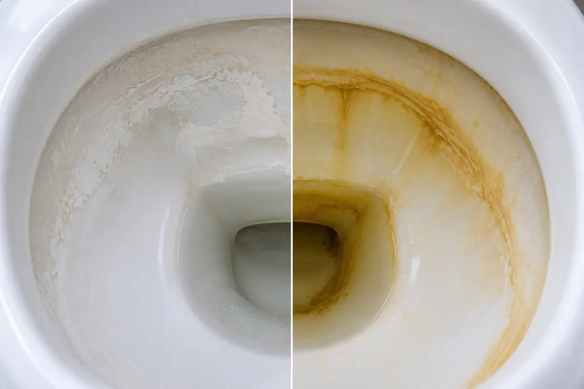 Illustrativer Vergleich von weißlichen Kalkrändern und gelblich-braunem Urinstein in der Toilettenschüssel