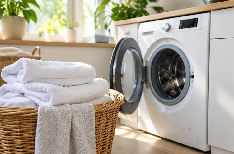 Wäsche riecht muffig trotz Waschen – Handtücher neben geöffneter Waschmaschine