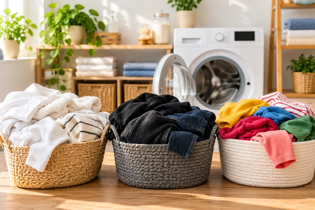 Wäsche richtig waschen: Sortierte helle, dunkle und bunte Kleidung neben einer Waschmaschine in einem hellen Waschraum
