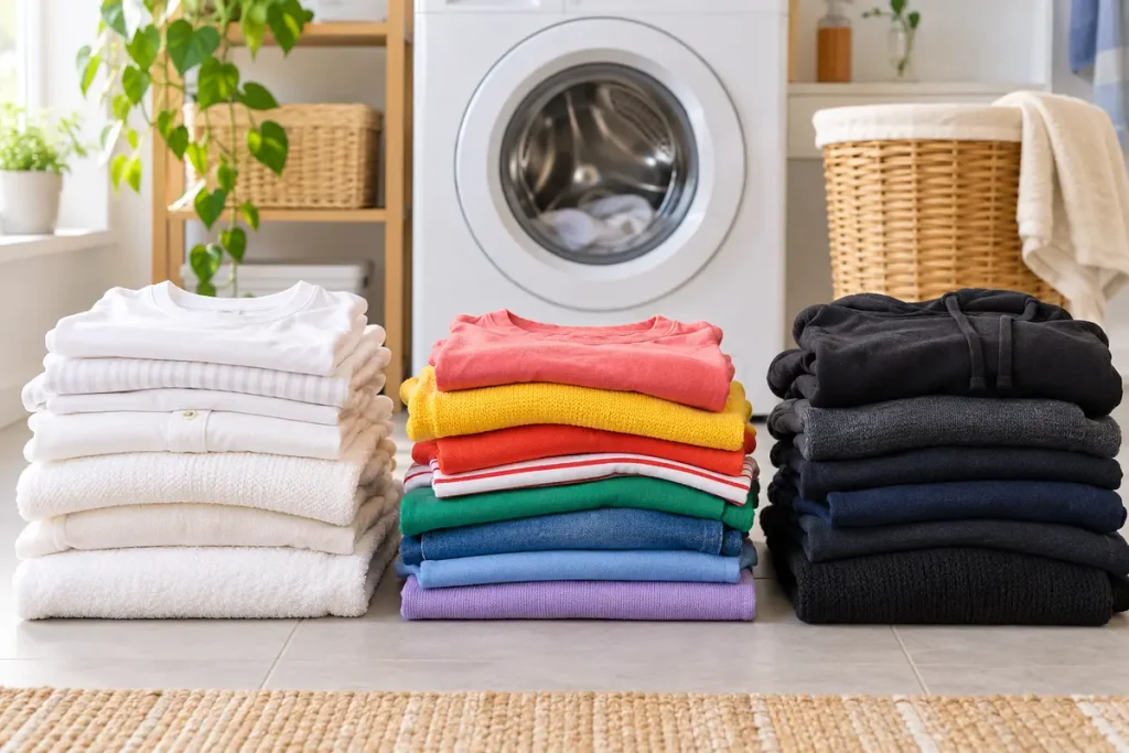 Drei klar getrennte Wäschestapel für helle, bunte und dunkle Kleidung vor der Waschmaschine