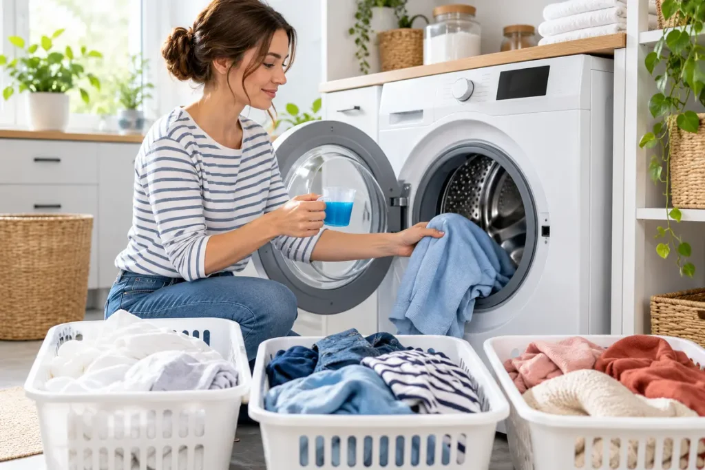 Waschmaschine mit geöffneter Trommel und Dosierbecher vor sauber sortierter Alltagswäsche