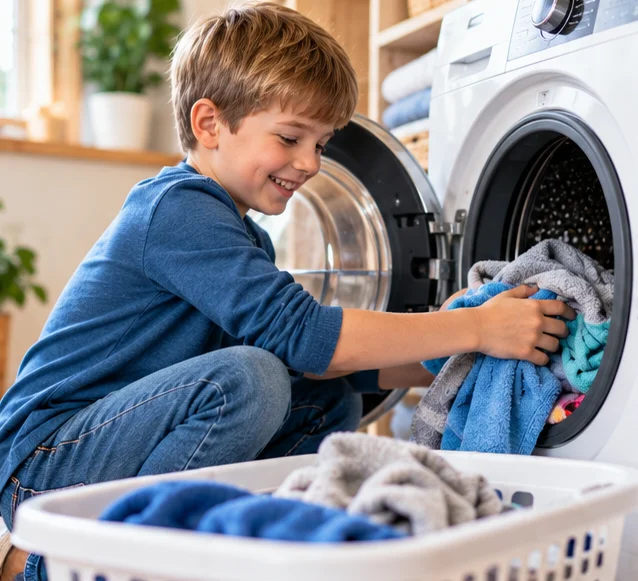 Wäsche waschen mit Kindern: Kind hilft beim Einräumen von Kleidung