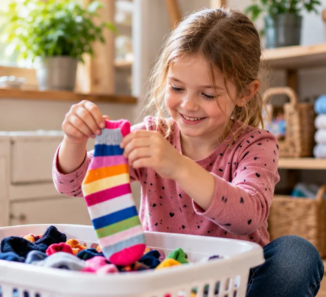 Kind sortiert bunte Socken als Wäschespiel