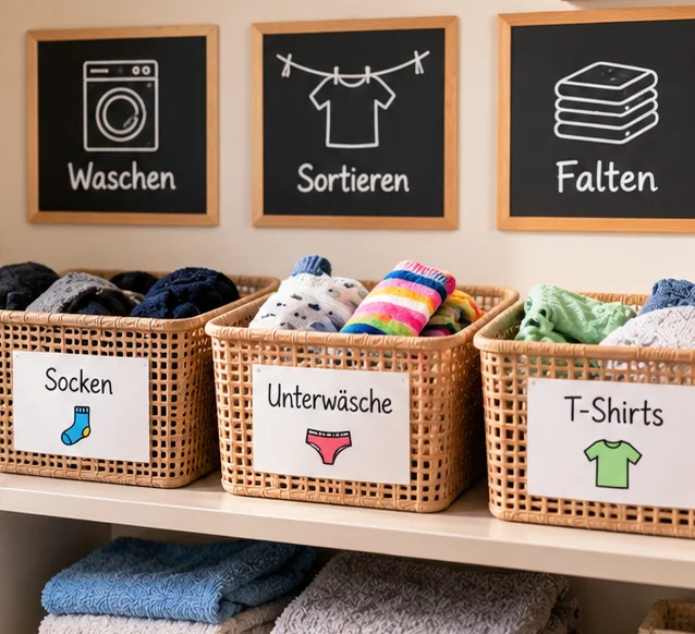 Wäschekörbe mit Symbolen für Socken Unterwäsche und T-Shirts