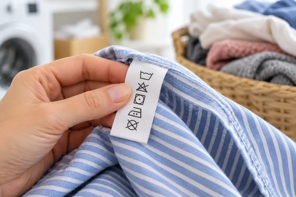 Eine Hand hält das eingenähte Pflegeetikett eines Baumwollshirts vor einem Stapel Wäsche