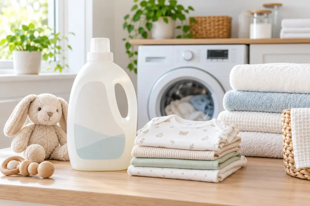 Waschmittel ohne Duftstoffe neben gefalteter Babywäsche, heller Familienkleidung und einer Waschmaschine.