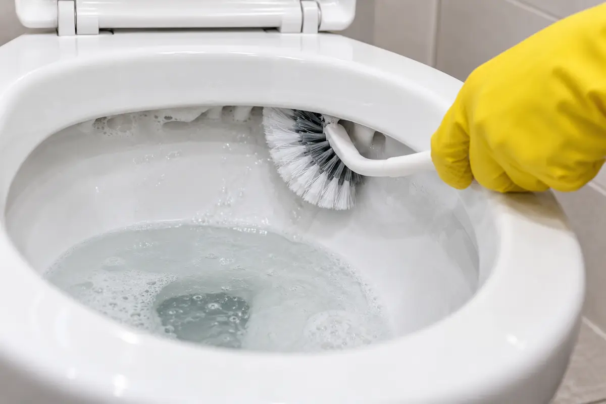 WC-Bürste reinigt die Toilettenschüssel innen unter dem WC-Rand