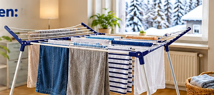 Wäsche im Winter trocknen: Wäscheständer mit Handtüchern am Fenster